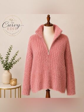 Fair Haven Pink Eyelash Knit Quarter Zip Sweater Cozy Plush Pullover 2XL casual